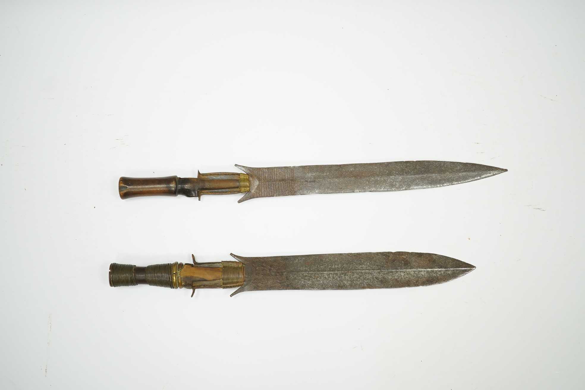 Two Congo Fang knives, blades 36cm and 31.5cm. Condition - fair